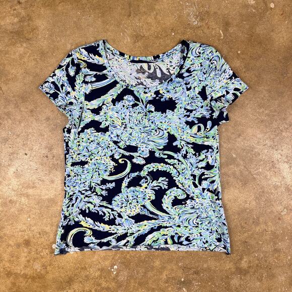 Lilly Pulitzer Etta V-Neck Top Women’s M Navy Blue Floral Paisley Tee Stretch - Picture 1 of 10